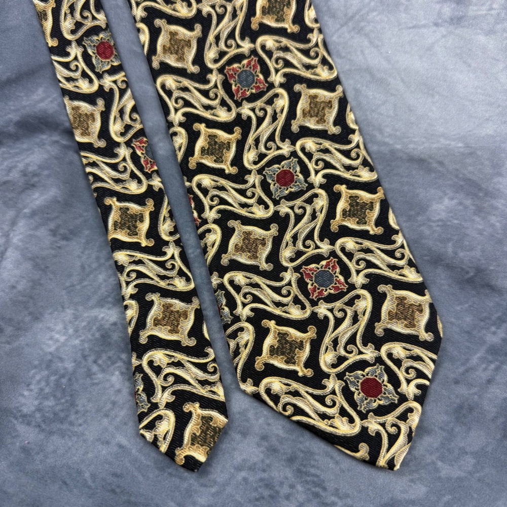 Enrico Coveri Mens Silk‎ Tie Black Gold Baroque Medallion Hand Made in Italy